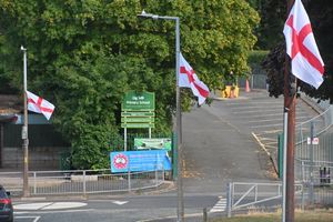 DUDLEY COPYRIGHT NATIONAL WORLD STEVE LEATH 21/08/25 Another view of the three flags flying close to each other in the Shenstone Avenue, Norton area.