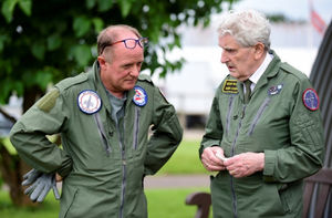 Geoff Berriman, right, chats to Keith Jones, who flew with the Harvard escort.