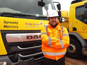 Lewis Elliott with Spready Mercury, one of Telford & Wrekin Council's fleet of gritters. Picture: LDRS