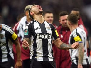 Newcastle skipper Bruno Guimaraes celebrates following the Carabao Cup semi-final, second leg victory over Arsenal