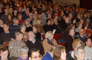 Crowds await the Darwin Lecture being given at Shrewsbury Music Hall in February 2004 by Professor Paul Pearson of Cardiff University.