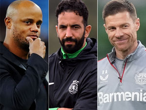 Bayern Munich boss Vincent Kompany, Sporting Lisbon manager Ruben Amorim and Bayer Leverkusen coach Xabi Alonso, left to right