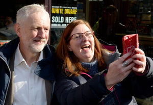 Jeremy Corbyn poses for a selfie during a visit to Stourbridge town centre