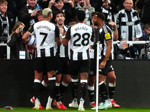Newcastle's Sandro Tonali (centre) celebrates with Joelinton and Joe Willock after scoring the winning goal against Brentford