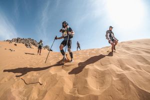 Adam crossing the Sahara Desert for the Marathon des Sables.