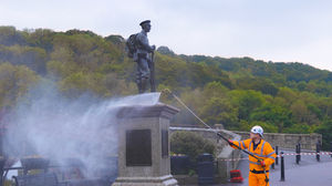 War memorial cleaning at Ironbridge