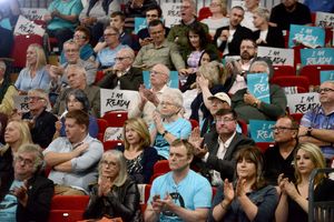 Cheering crowds at the Brexit Party West Midlands conference