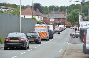 Temporary traffic lights causing congestion, at Britannia Road, Rowley Regis