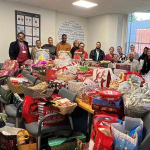 Staff and doctors at The Priory Hospital with the collected hampers. 