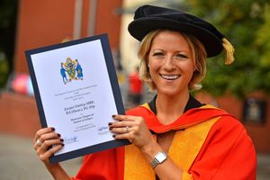 Jacqui receiving her honorary degree from Woverhampton University at the Grand Theatre