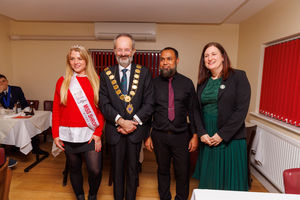 From left to right: Miss Shropshire Eloise Sarasini with Mayor of Shrewsbury David Vasmer, Abdul Hamid of Lea Cross and Julia-Buckley MP