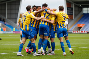 Ryan Bowman of Shrewsbury Town celebrates with his team mates after scoring a goal to make it 1-0 (AMA)
