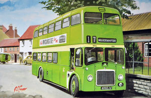 This is one of a number of old Shropshire bus art postcards, part of the RDP transport series,
all by transport artist G.S. Cooper. It is titled: ‘No. 37, Wolverhampton Corporation... A Guy
Arab IV, one of a batch of 50 built from 1959 to 1961, pictured pausing at Bridgnorth.’