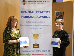 Pictured Julie Dady, left, and Eileen Swan, right, at the General Practice Nursing Awards 2025. 