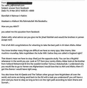 An e-mail to Ahmed from a Danish extremist