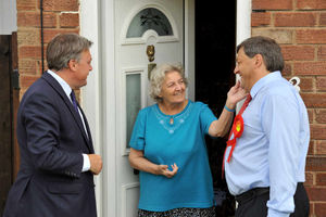 Ed Balls and Labour candidate Janos Toth chat to Ann Hopwood