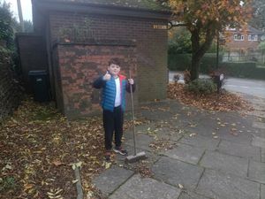 Supporting image for story: Schoolboy with a big heart mucks in and clears leaves in his town to prevent slips and falls
