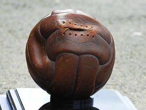 The 1928 FA Cup final ball, part of the J.W. Hunt Cup exhibition, at Black Country Living Museum, Dudley.