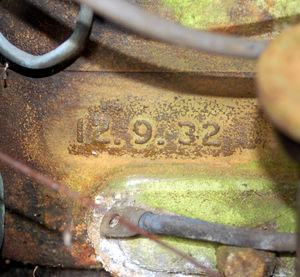The engine block, pictured in 2008, bearing the date 12.9.32. The engine has been completely rebuilt.