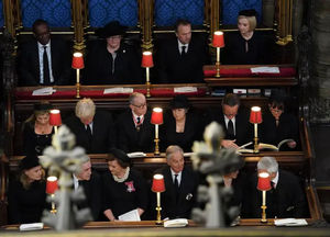 Liz Truss, top right, was joined at the funeral by her six predecessors - Boris Johnson, Theresa May, David Cameron, Gordon Brown, Tony Blair and John Major