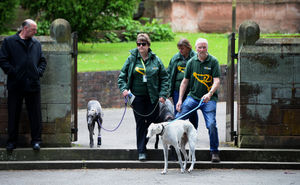 Members of Hall Green Retired Greyhound Trust outside the church with their dogs