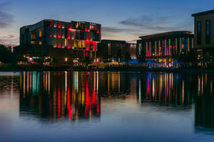 The Southwater SW1 Building in Telford lit up.