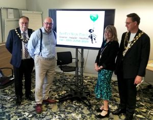 Cllr John Thomas (Mayor of Stourport), Mark Hambling (Chair of SustFest), Cllr Nicole Harper (Mayor of Bewdley) and Cllr Doug Hine (Mayor of Kidderminster) at the Launch of SustFest