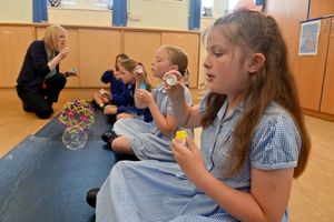Inside Crudgington Primary School where children take part in mindfulness activities including breathing exercises with teacher and specialist Jo Flynn-Gamble.