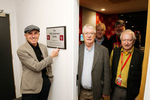 Brian Dakin is joined by Keith Horsfall, Dave Brownhill and Paul Collins at the unveiling of his plaque