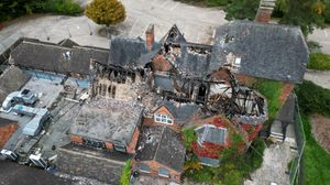 The huge amount of fire damage caused to the Oxon Priory pub, Shrewsbury.