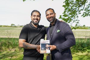 Sanjay (L) pictured with Amrit Dhaliwal, CEO, Walfinch and authour of the Home Care Revolution (R)