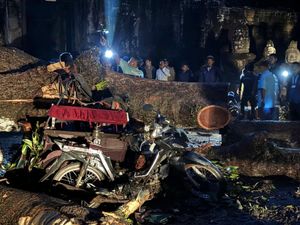 Supporting image for story: One dead and statues damaged after tree falls at Angkor temple complex in storm