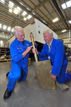 Henry Adams, 60, from Stourbridge, and Tom Merrall, 69, from Whitchurch fixing the rudder