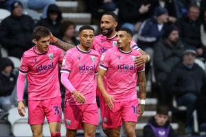 Lewis Dobbin, middle, celebrates with goalscorer Karlan Grant, right, at Preston on Saturday. (Photo by Adam Fradgley/West Bromwich Albion FC via Getty Images)