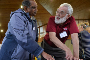 Ray Patel, left, and Iain Simpson discuss the Broadmeadow estate which was built in 1949