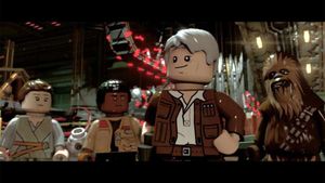 Lego versions of Rey, Finn, Han Solo and Chewbacca in Maz Kanata's castle in Takodana