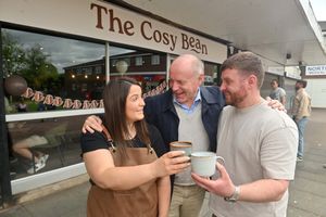 Former Dudley MP Marco Longhi stopped off at The Cosy Bean coffee shop in Sedgley to meet owners Laura and Aidan Smith and wish them well on opening day - Sunday May 4.