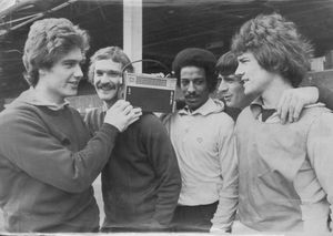 Tony Godden, Alistair Robertson, Brendon Batson, John Osborne and Bryan Robson listen to a draw in 1978 when the team had to play Ipswich