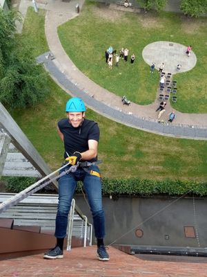 Councillor Casey abseiling down the walls of Dudley College Evolve Campus. Picture: Phil Brookes