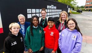 Work by pupils at Hollinswood Primary School have been displayed in Telford. Pictured at the back (left to right) is Councillor Shirley Reynolds and teaching assistants Suzanna Bueno-Benlloch and Rebecca Austin. Front from left to right is Jake Jordan-Griffin, Cerys Opoku, Akshaj Prasad and Ava Lord.