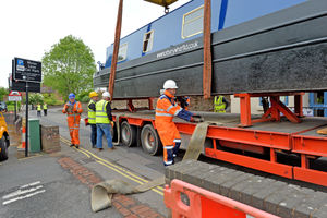 The boat being lifted into place on Newport's canal