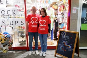 Colin and Helen outside British Heart Foundation shop in Sutton Coldfield. Photo: British Heart Foundation