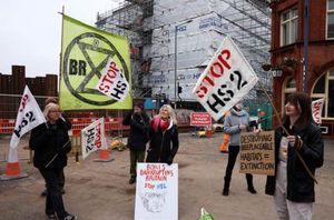 Protesters stand outside the Hs2 Curzon Street Station site on January 24, 2022 in Birmingham | Getty Images