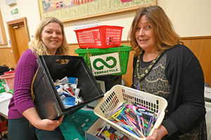 At the Repair Cafe in Oswestry are Liz Penfield-Wells from Telford Terracycle and Mayor Olly Rose..