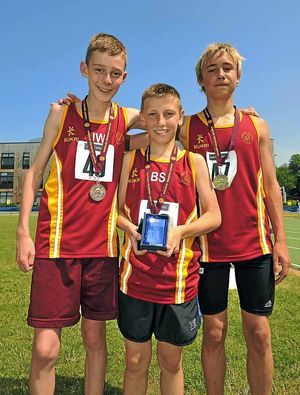 Biathlon year 9 team winners, from Thomas Telford School, Jamie Ward, 14, left, Billy Starling, 14, centre and Joel Roura, 14.