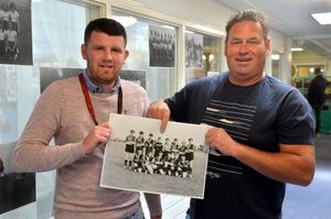 Mayor Josh Dickin and his father, Stuart Dickin 53, find Adrian Dickin on a photo from the early 60s when he was a goalkeeper..