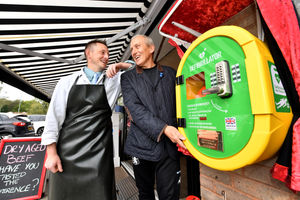 Villa legend Tony Morley with owner of Blackwood Butchers Scott Murcott 