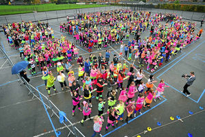 Youngsters taking part in the Superman Dance world record breaking attempt at Thomas Adams School in Wem