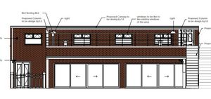 An architect's drawing of how the front of the building will look