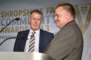 Sir Geoff Hurst shares a joke on stage with Shropshire Star assistant editor Carl Jones during a question and answer session. Image: Jo Pearce.